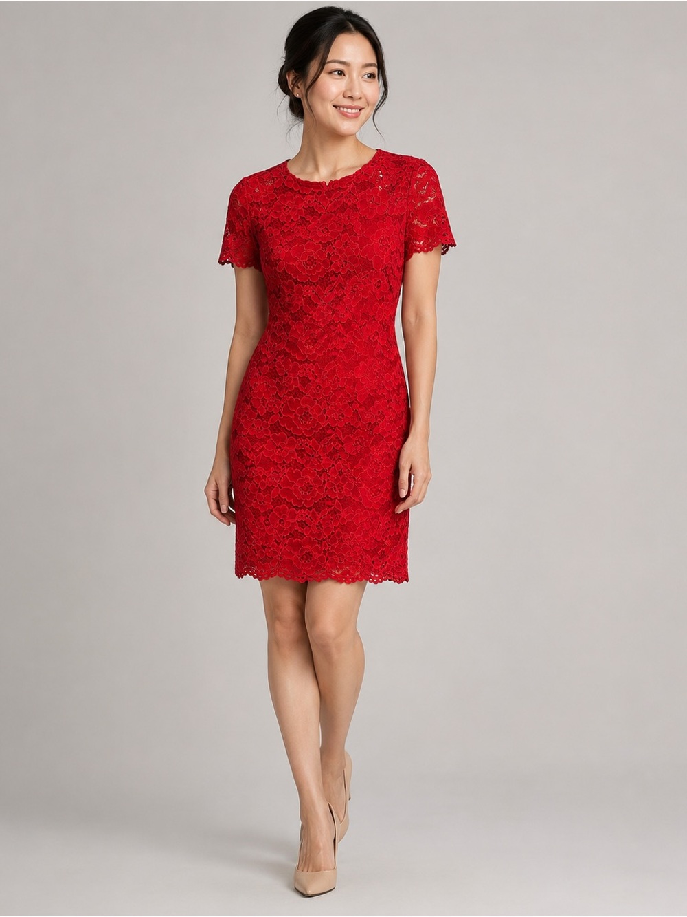 Lauren Ralph Lauren 6P Red Floral Lace Sheath Cocktail Dress Petite